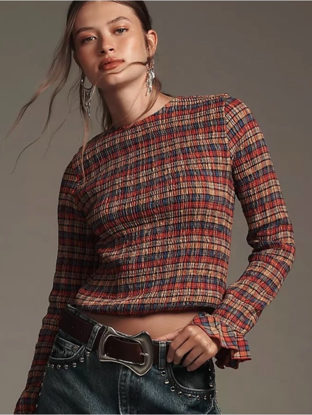 Anthropologie Maeve long-sleeve multicolor smocked blouse with frill cuffs